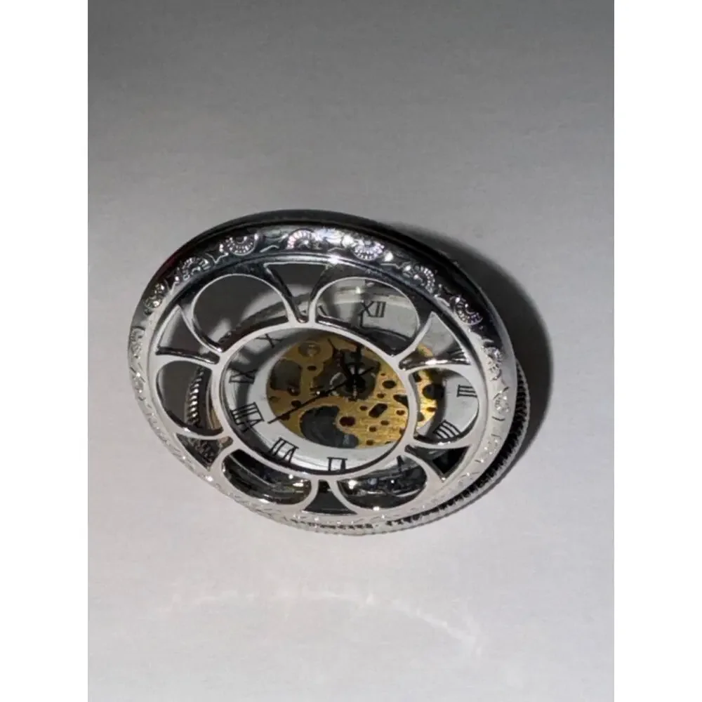 Kansas City Railroad Skeleton Pocket Watch‎ Silver Tone Roman Numeral With Tin